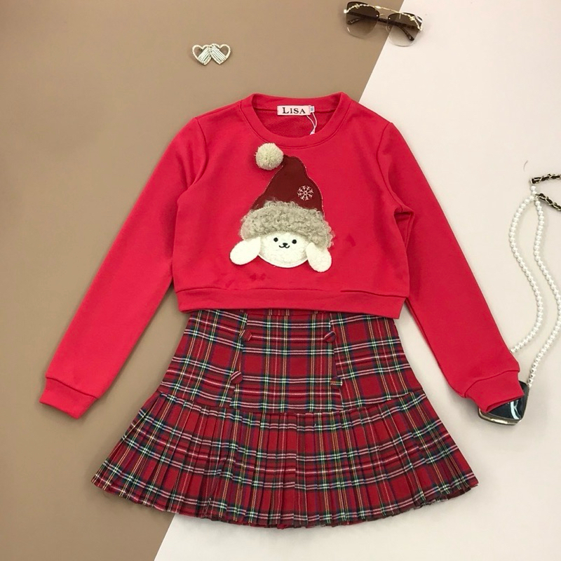 [LISA] A0719 ชุดเซตเสื้อคอกลมแขนยาวปักลายน้องหมีคริสต์มาสกระโปรงลายสก๊อต ทรงสวยน่ารักมาก ใส่เที่ยว คาเฟ่ ออกเดท ดินเนอร์