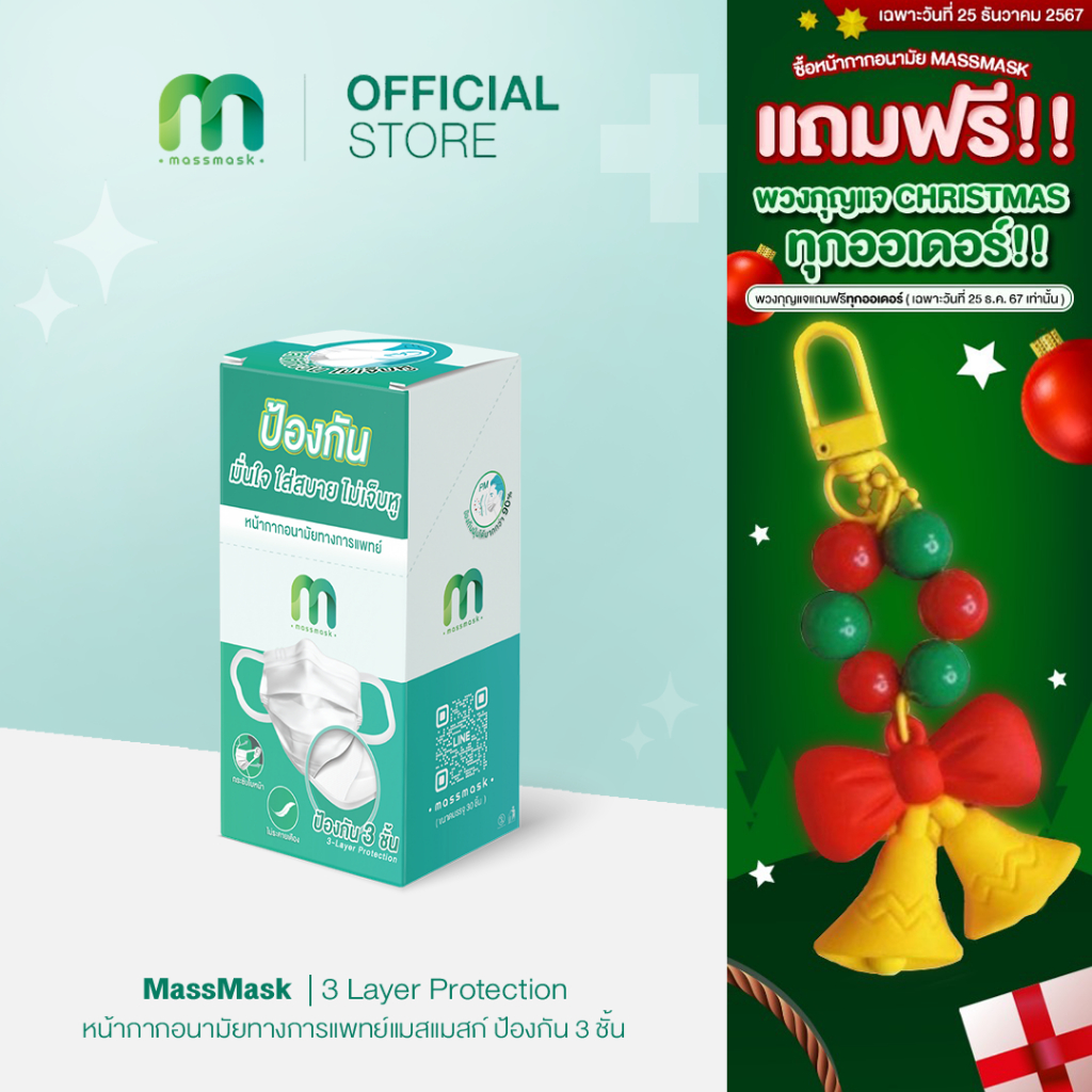 (กล่อง 30 ชิ้น) MassMask เเมสเเมส หน้ากากอนามัยหูผ้าหนานุ่มพิเศษ แพ็คแยกซองทุกชิ้น ผลิตในประเทศไทย