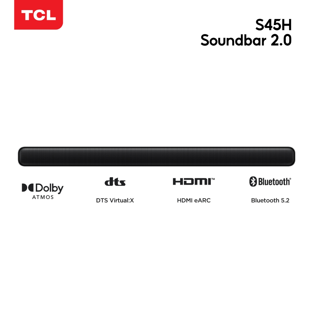 TCL Sound Bar พลังเสียง 100W รองรับ Bluetooth 5.1 รุ่น S45H ขนาด 810 มิลลิเมตร 2.0 Channel