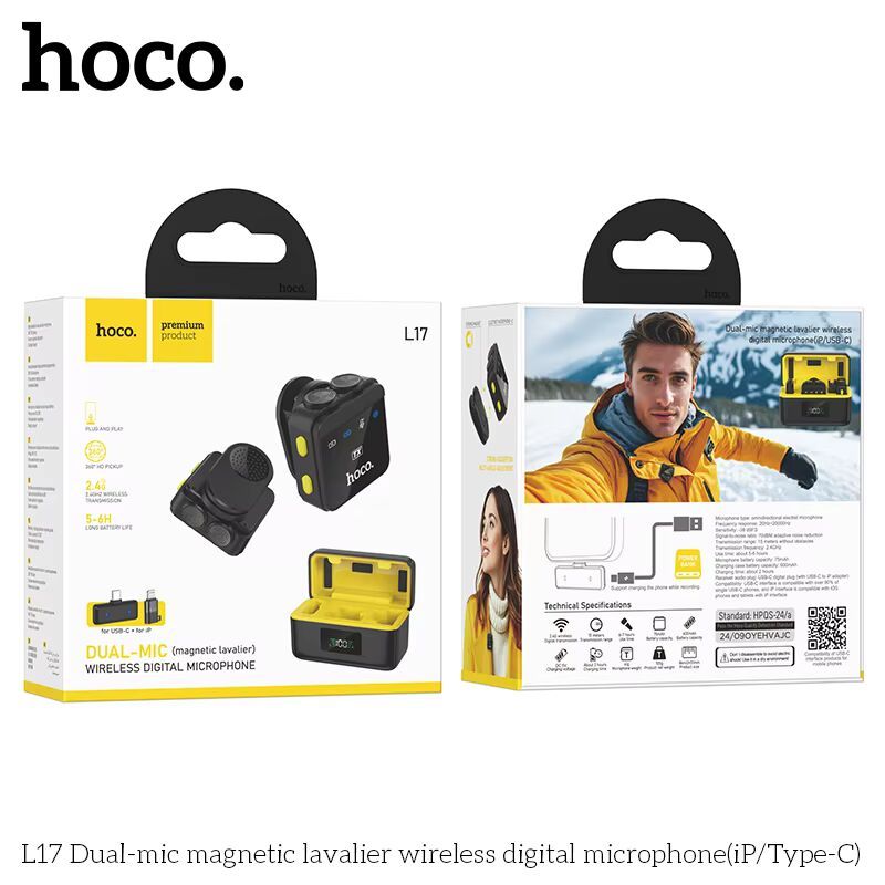Hoco L17 ไมค์ติดเสื้อแบบแม่เหล็ก for iPhone Android Type-C wireless digital microphone dual magnetic lapel microphone