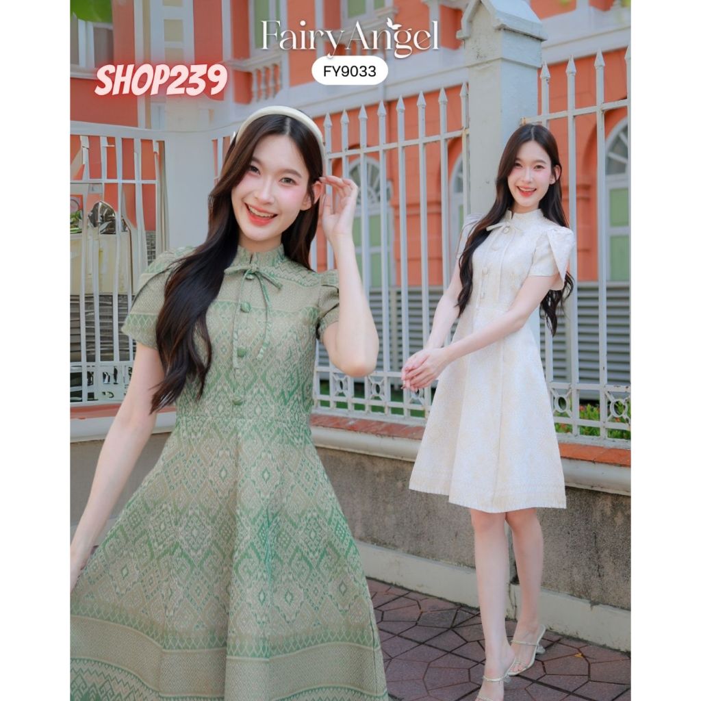 Iงานป้าย Fairyangel 9033 {S-2XL} (ป้ายแท้) เดรสสั้น ลายไทย คอจีน ทรงบาน แต่งกระดุมอก