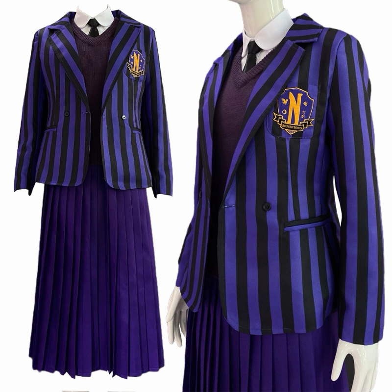 Enid Wednesday Adams Cosplay Wednesday Addams Cosplay ชุดยูนิฟอร์มคอสเพลย์ ปักลายโลโก้ Nevermore + ว