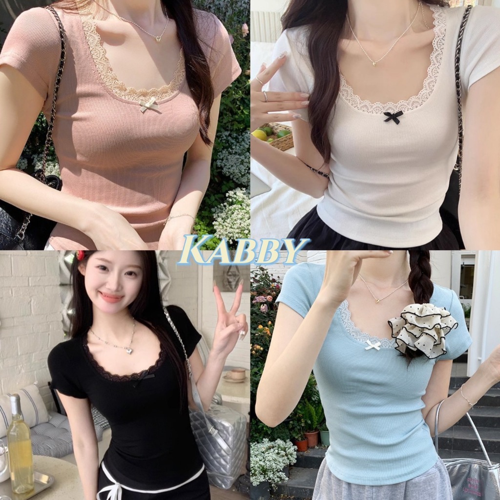 พร้อมส่ง💙 เสื้อยืดแขนสั้น เสื้อลูกไม้ คอกลมลายลูกไม้ ตกแต่งโบว น่ารัก ใส่สบาย