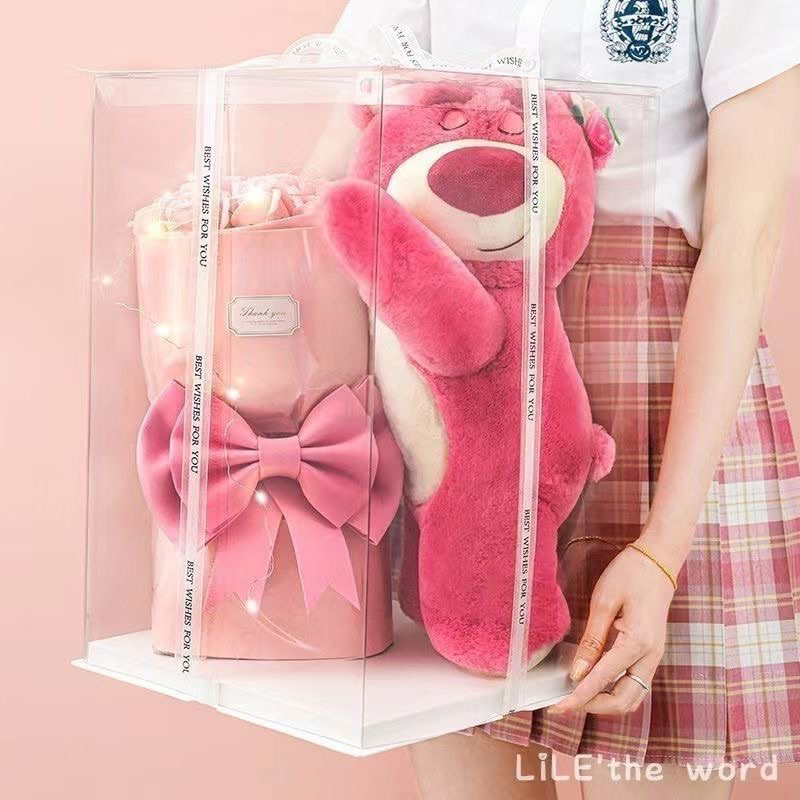 กล่องของขวัญพร้อมดอกไม้ตุ๊กตาหมีล็อตโซ่ ของขวัญวันเกิด วันครบรอบ รับเขียนการ์ดฟรี