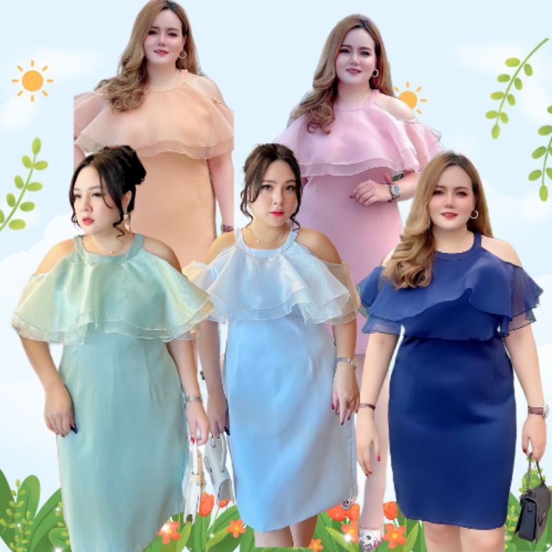 งานป้ายพรีเมียม นำเข้า เดรสสาวอวบ เว้าไหล่ แขนแต่งระบายผ้าออแกนดี้ Peppermint Plus size (588 B)
