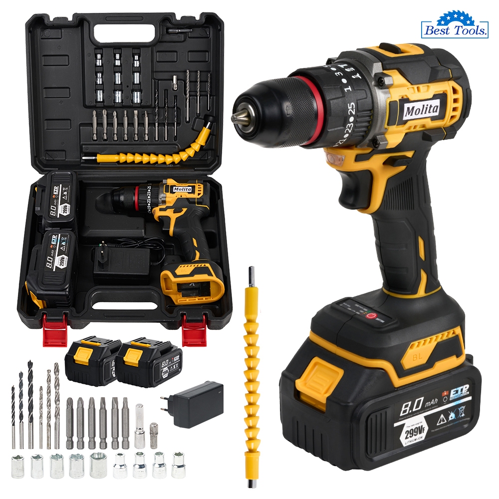 MOLITA สว่านไร้สาย 299V 3ระบบ มอเตอร์บัสเลส แบตเตอรี่ใหญ่ 2 ก้อน เครื่องมือช่าง รวม 32ชิ้น รุ่น M4-มอเตอร์บัสเลส สีเหลือ