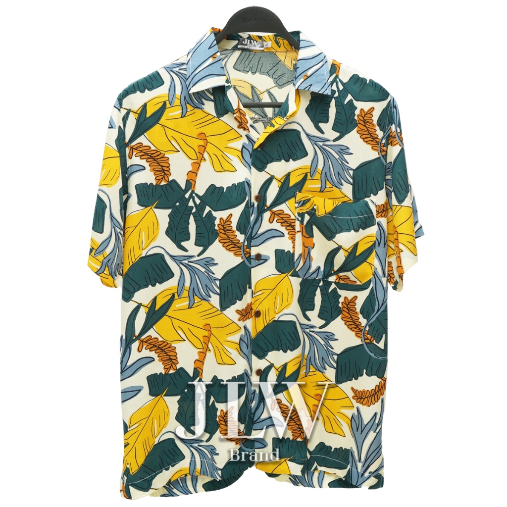 เสื้อฮาวาย ลายต้นกล้วย เขียว ผ้านิ่ม M L XL Oversize คอฮาวาย JLW BRAND