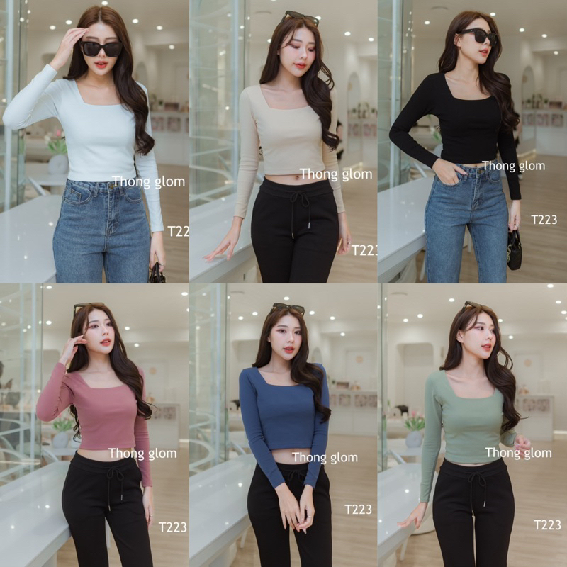 เสื้อคอเหลี่ยมแขนยาวเนื้อผ้ายูนิโค่ Thong glom