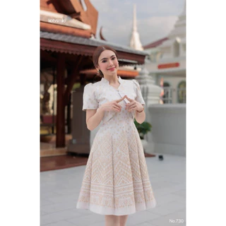 KS730 ชุดเดรสผ้าทอลายเทียนหยด แต่งกั๊ก กระโปรงบาน 8 ชิ้น อัดกาวทั้งชุด ทุกชิ้น ซิปซ่อนด้านหลัง (S-5XL)