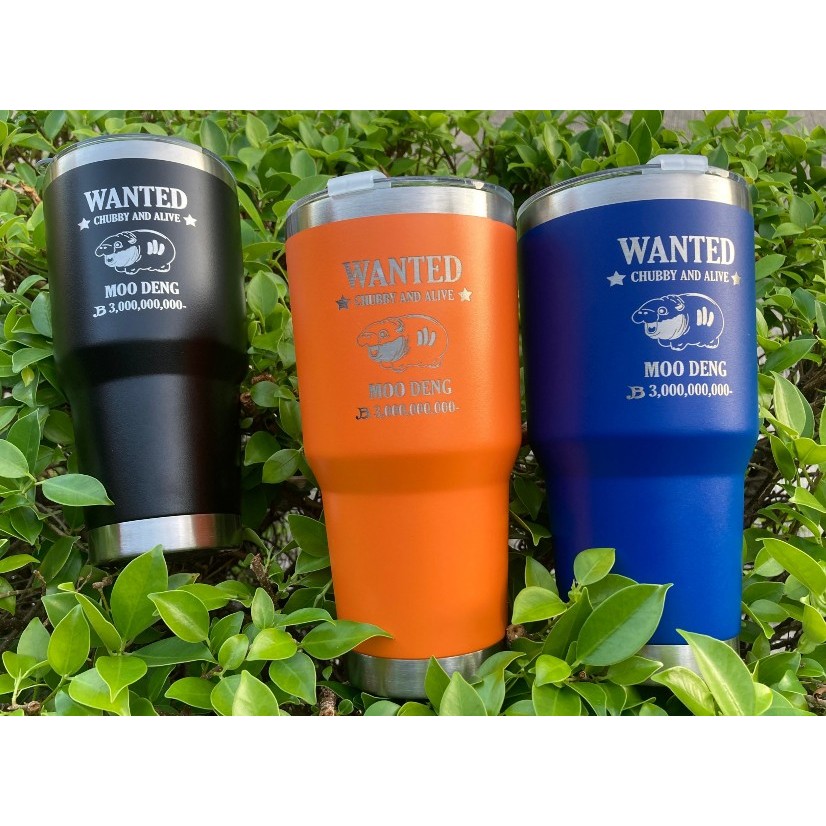 แก้วน้ำเก็บอุณหภูมิ สกรีนลายหมูเด้ง WANTED สแตนเลส 304 ขนาด 850 ml.