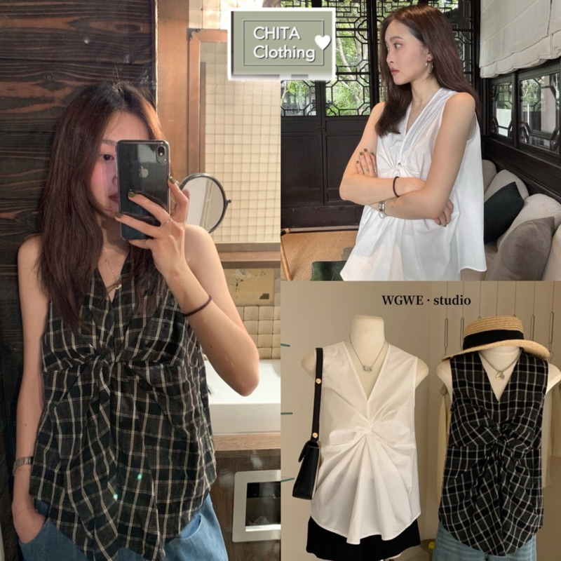 3051# เสื้อแขนกุด คอวีขมวดช่วงอก เนื้อผ้าดี งานสวย TAG:WG.WE