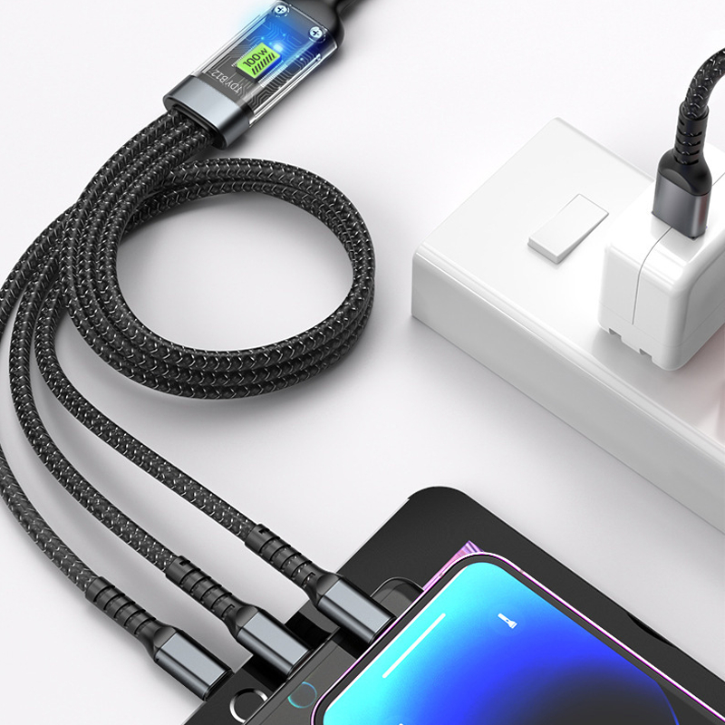 สายเคเบิลข้อมูล USB ขนาด 120 ซม., สายชาร์จเร็วสามในหนึ่งเดียว 100w, อะแดปเตอร์โทรศัพท์มือถือ/แท็บเล็ต, ที่ชาร์จ PD 120w