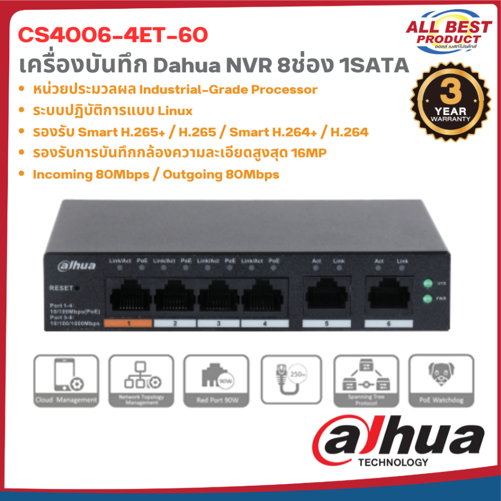 Dahua รุ่น DH-CS4006-4ET-60 สวิตช์ Dahua 6-Port Cloud Managed Desktop Switch with 4-Port PoE สินค้าป