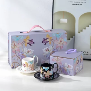 ชุดแก้วกาแฟ เซรามิก ลายดอกไม้ พร้อมกล่องสวยงาม 1กล่องบรรจุ 2 ชุด