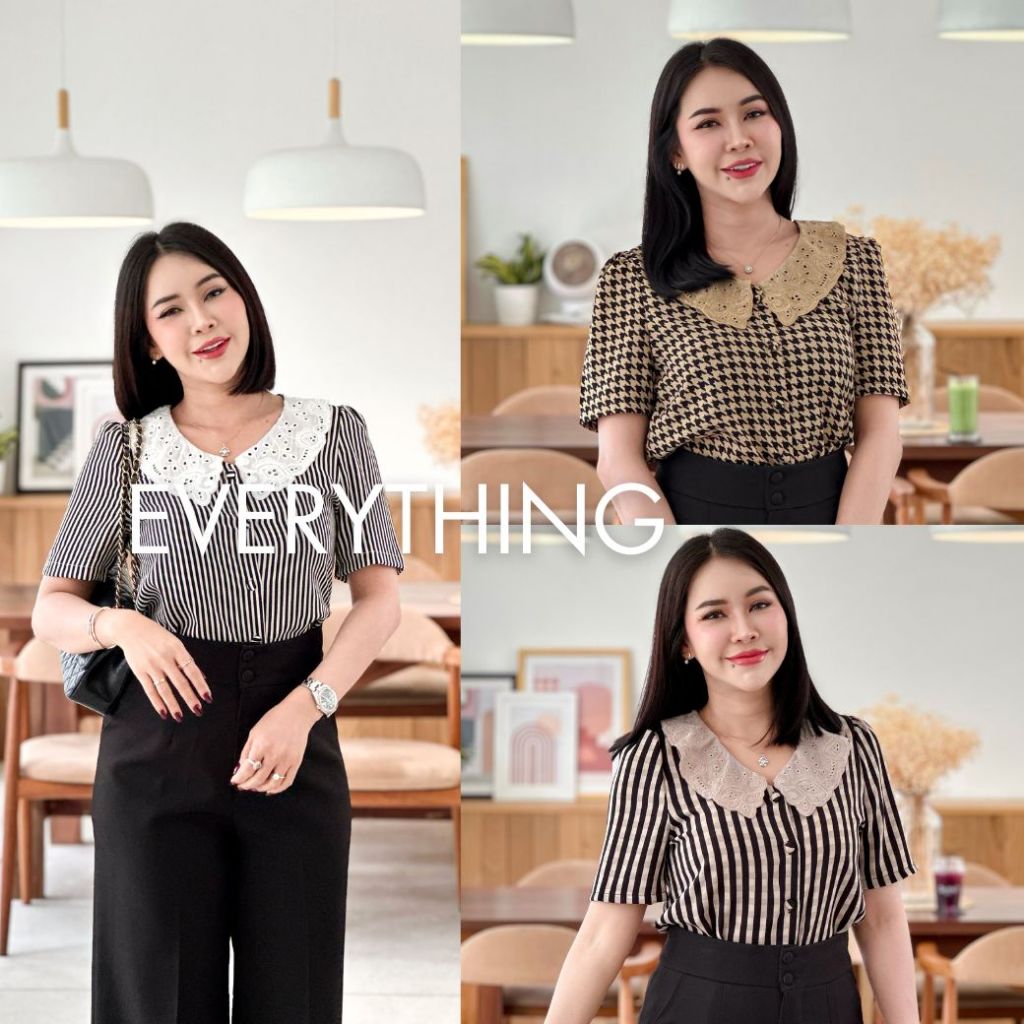 Everything2019 เสื้อผู้หญิงคอปกฉลุ กระดุมปั้ม แขนสั้น ลายสวย ผ้าใส่สบาย ใส่ทำงาน ไม่ซ้ำใคร (6167) ** อกเริ่มต้น 34**