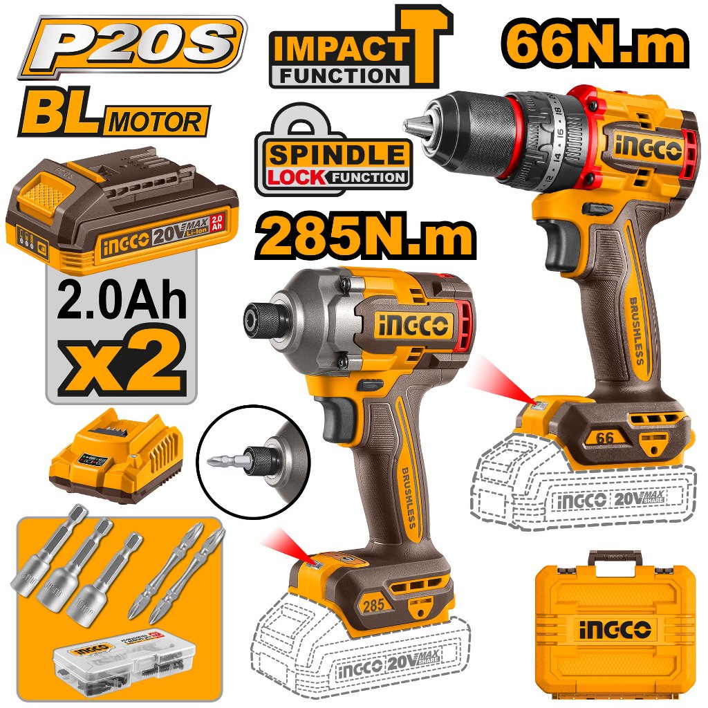 INGCO ชุด Combo set สว่านกระแทกไร้สาย 66Nm.+ไขควงกระแทกไร้สาย 285 N.m 20 โวลต์ รุ่น CKLI20277