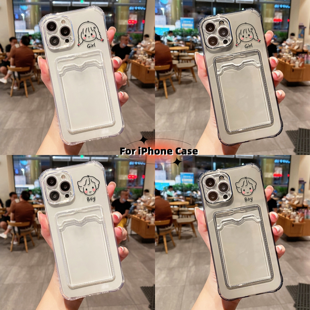 Clear ซองใส่การ์ด case for iPhone 16 11 13 15 12 14 Pro Max X XS Max XR 15 14 Plus เคสโทรศัพท์ซิลิโคน TPU โปร่งใส