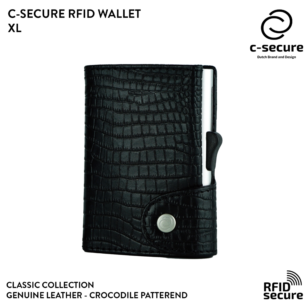 C-SECURE [พร้อมส่ง] กระเป๋าใส่บัตร กระเป๋าสตางค์ หนังแท้ ลายจระเข้ XL RFID Croco wallet