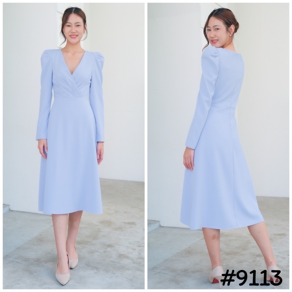 VG9113  เดรสคอวี ทรงสุภาพ แขนยาว ชุดออกงานทางการ ทรงสุภาพ ชุดพิธีการ เดรสทำงาน [LUXURY707]