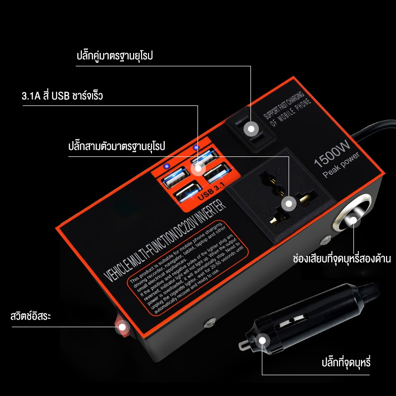 ชาร์จในรถยนต์ 4USB อินเวอร์เตอร์ 12v 24Vเป็น 220 รถยนต์ / รถบรรทุก ตัวแปลงไฟในรถให้เหมือนไฟบ้าน รถยนต์พาหนะเครื่องแปลงไฟ - รูปที่ 5