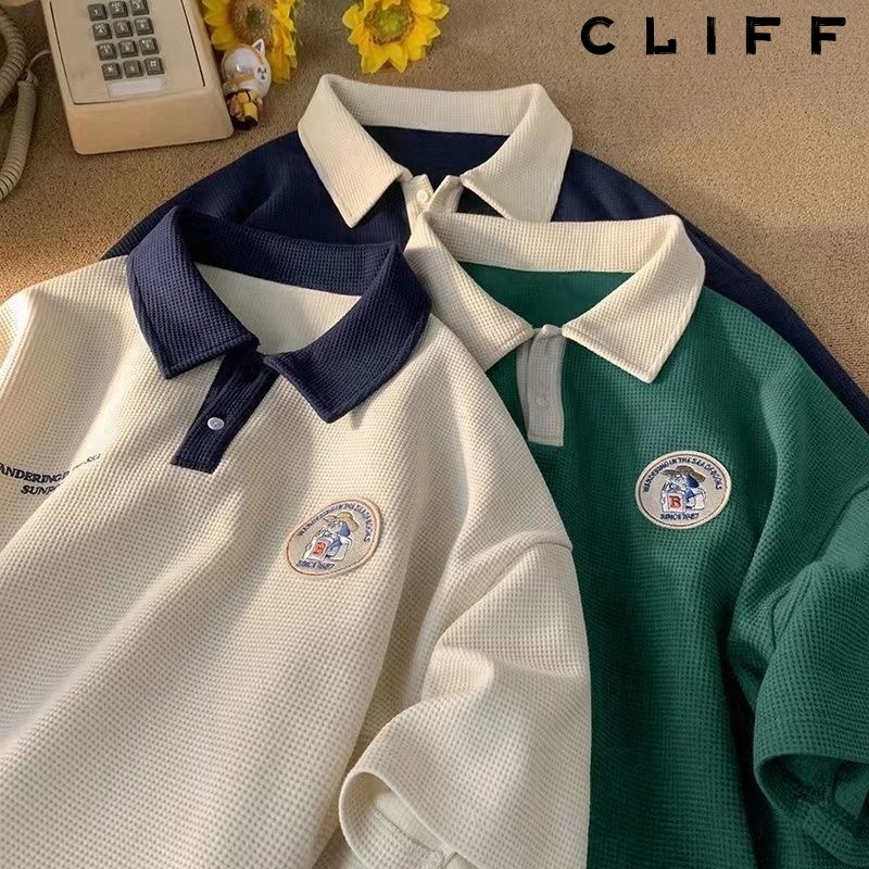 CLIFF วาฟเฟิลด์ เสื้อโปโล ชาย แขนสั้น สไตล์วิทยาลัย ปกพับ แมทช์ลุคง่าย ไซส์ใหญ่