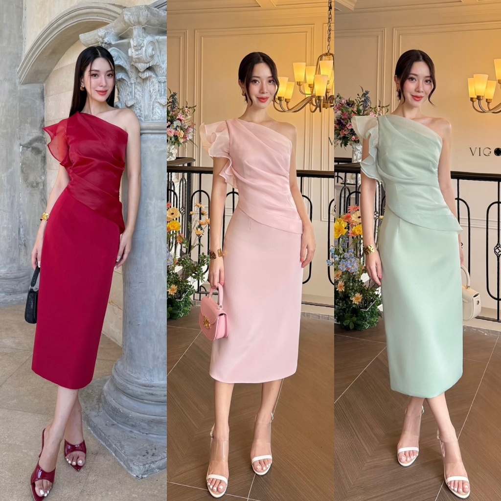 พร้อมส่ง Venice [ XS-2XL ] เดรสยาวแต่งปาดไหล่ สีชมพู เขียว แดง ใส่ออกงาน งานแต่ง ปาร์ตี้