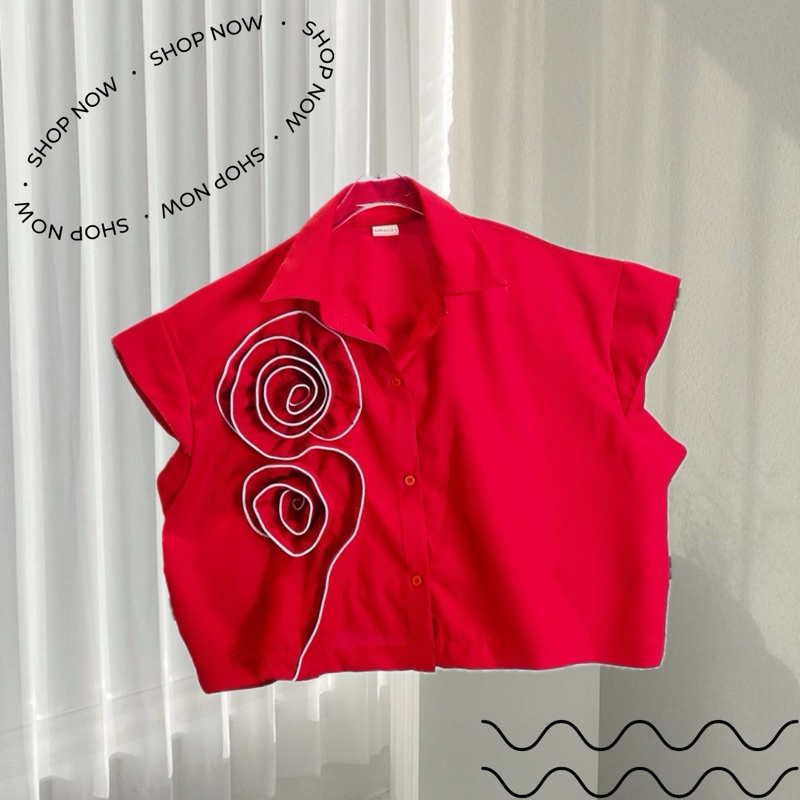 Rosy shirt (อก50) เสื้อคอปกแต่งดอกไม้ดีเทลขอบแขน