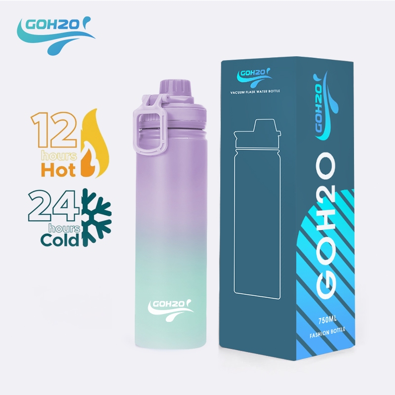 GOH2O750ml กระบอกน้ำเก็บอุณหภูมิ ไล่ระดับสีม่วง กระบอกน้ำสูญญากาศ กระบอกน้ำใส่ได้ร้อน-เย็นสแตนเลส304 กาน้ำเก็บอุณหภูมิ