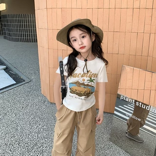 PRINCESS KESLI กางเกงคาร์โก้เด็ก กางเกงลำลองสำหรับเด็กผู้หญิง เอวยางยืด ทรงหลวม ผ้านุ่ม ใส่สบาย สไตล์เกาหลี แฟชั่น
