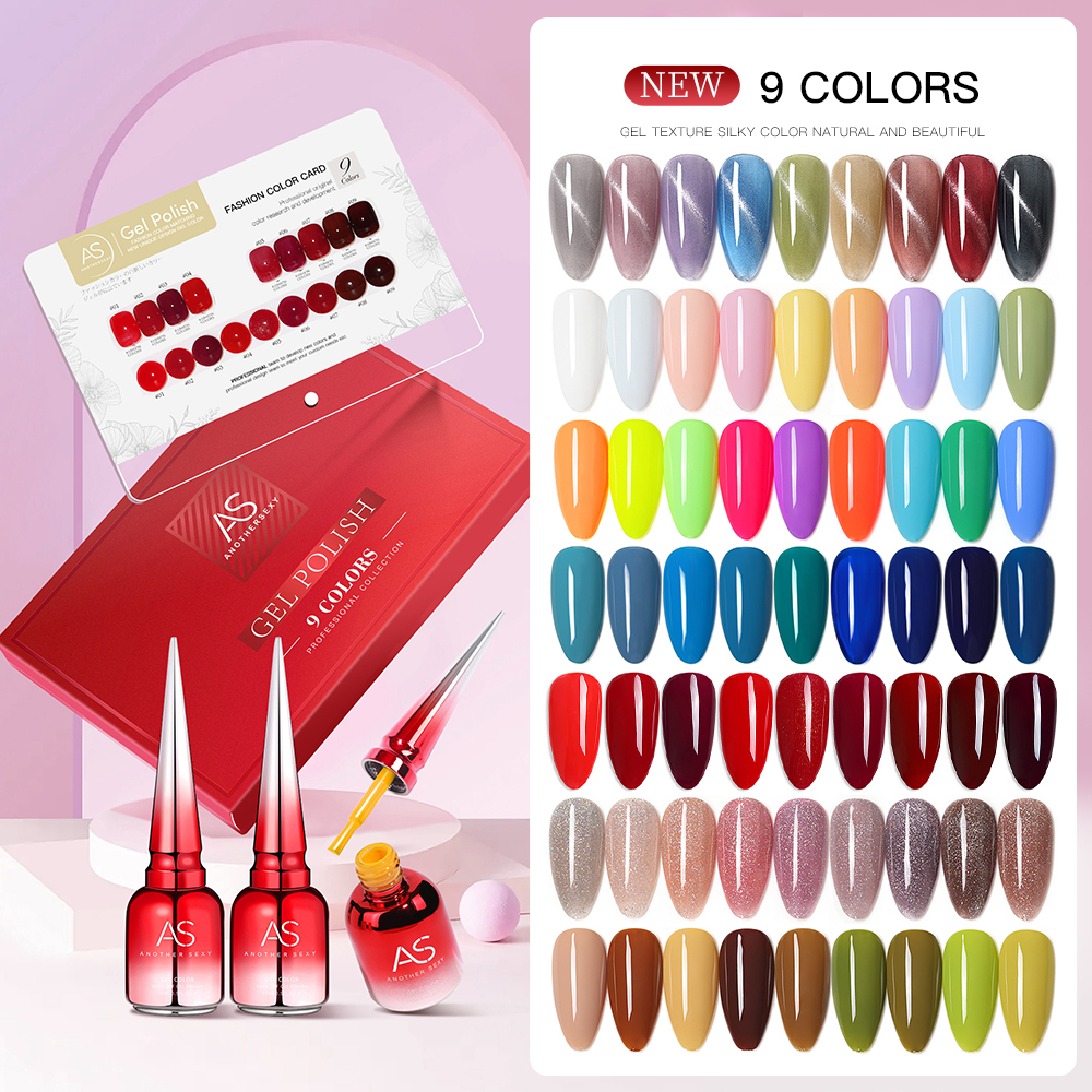 รวมเซตAS เซตสีเจล 9สี AS ฝาแหลม แถมชาร์ตสำเร็จรูป ปริมาณ15ml
