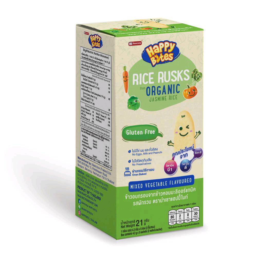 แฮปปี้ไบท์ขนมข้าวอบกรอบสำหรับเด็ก รสผักรวม ขนาด 21กรัม  Rice Rusk Vegetable Flavoured Happy Bites Brand