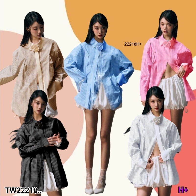 TW22218 เสื้อเชิ้ตแขนยาว แต่งกุหลาบคอเป็นเข็มกลัด ..