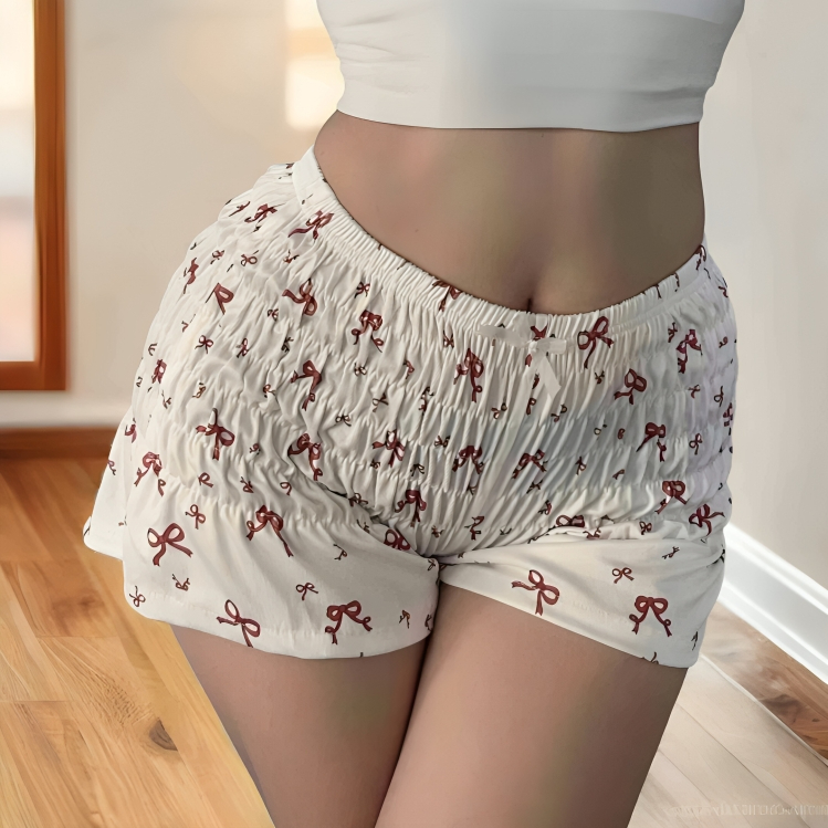 Clothing Lady กางเกงขาสั้นเอวต่ำสม็อกยืดทั้งตัว ระบายขา แต่งโบว์จิ๋วสุดน่ารัก#ku-2