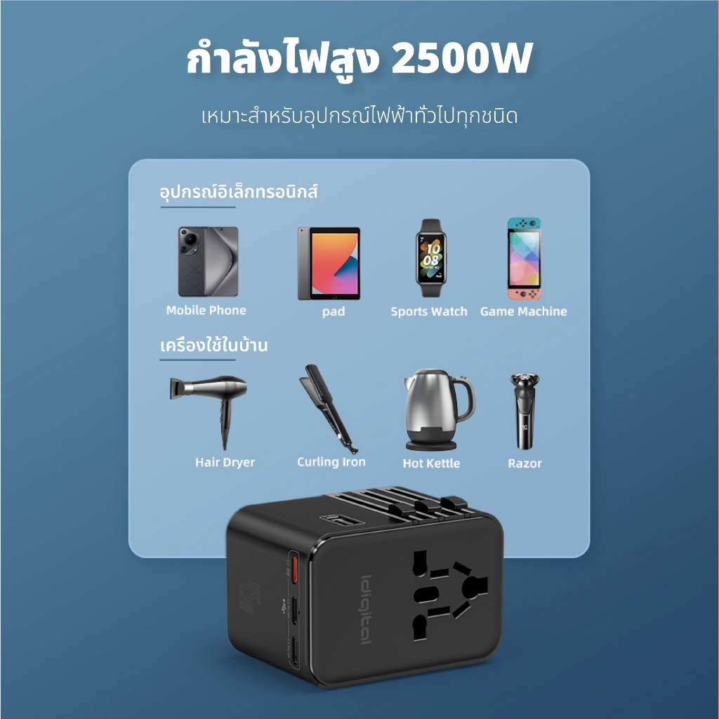 Idigital หัวแปลงปลั๊กไฟ Universal Travel Adapter, รองรับ PD ชาร์จเร็ว, 25W to 70W, เหมาะสำหรับ 200+ 