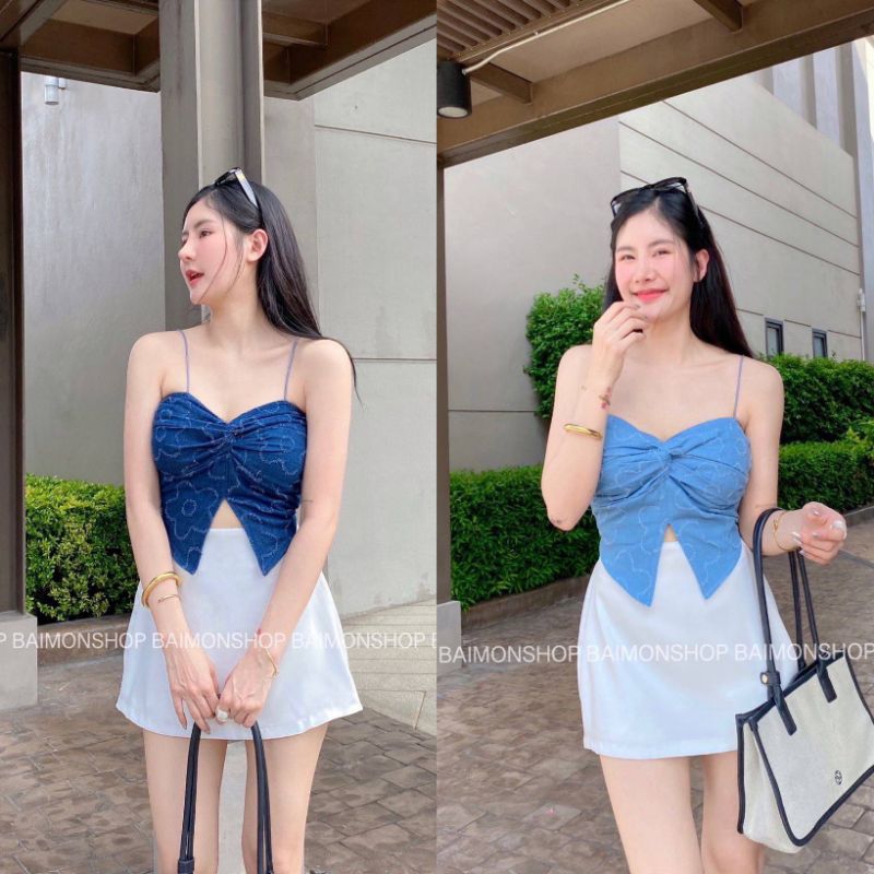 💰 MahahengCloset 💰เสื้อสายเดี่ยวสายสปาเก็ตตี้ ผ้ายีนส์แต่งสะกิดดอกไม้🌸ใส่แล้วปังไม่มีแผ่ว🌠