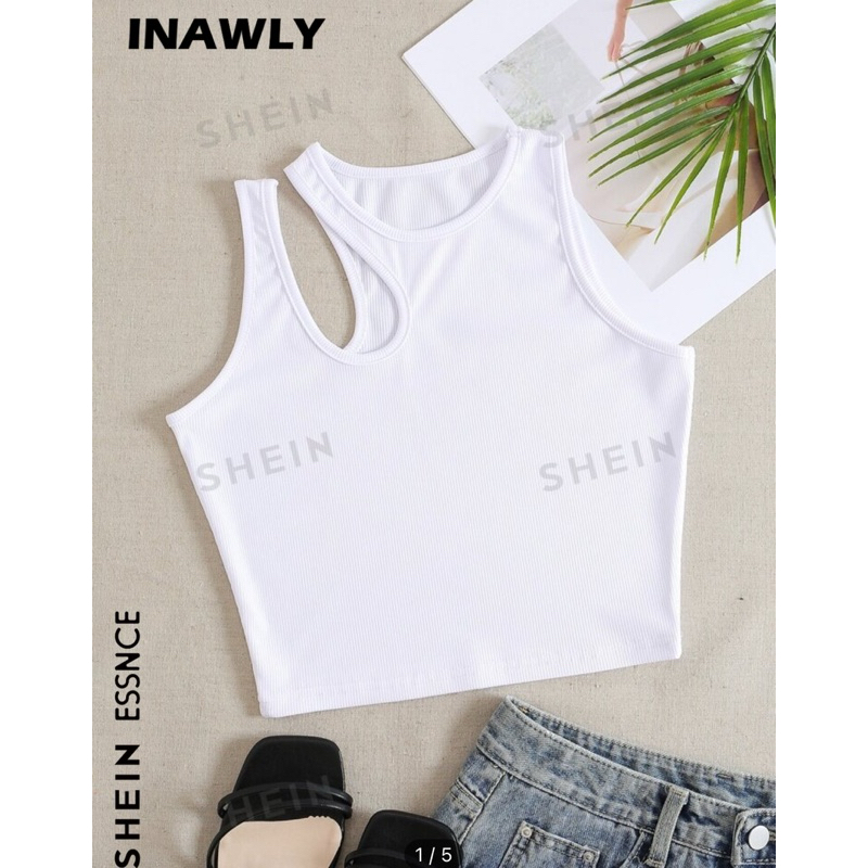 INAWLY เสื้อกล้าม สีพื้น คัตเอาท์ไหล่ ผ้าริบถัก สำหรับ ฤดูร้อน
