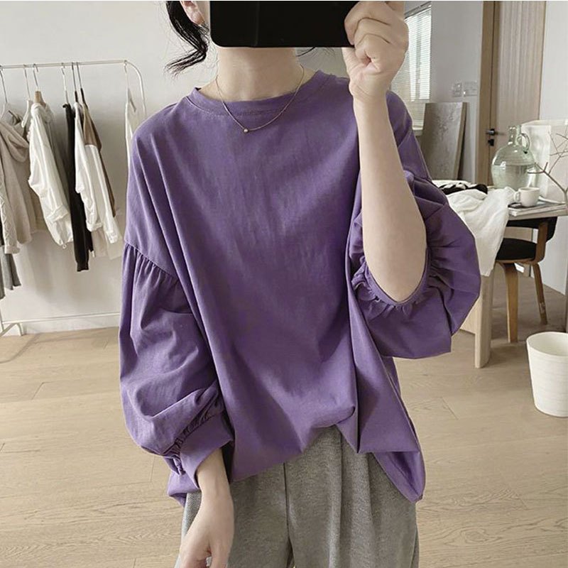 เสื้อยืดแขนยาวผู้หญิงสไตล์เกาหลี oversize เสื้อผ้าสาวอวบน่ารักๆ ลำลองทรงหลวม เสื้อยืดแขนบอลลูนแฟชั่นมาใหม่สวยๆ สีพื้น