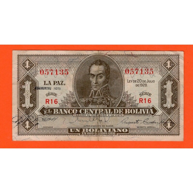Bolivia , 1 Boliviano 1928 -Simon Boliviar