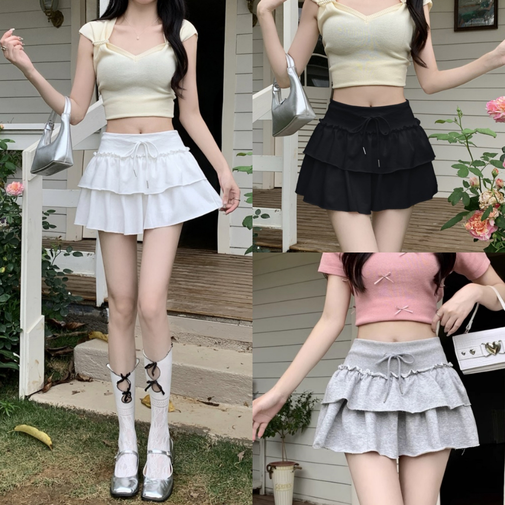Beryl🌻 กระโปรงทรงเอ สาวหวาน เก๋ๆ กระโปรงเค้กสีขาว เชือกผูก เอวสูง 2 ชั้น มีซับใน กระโปรงทรงเอ