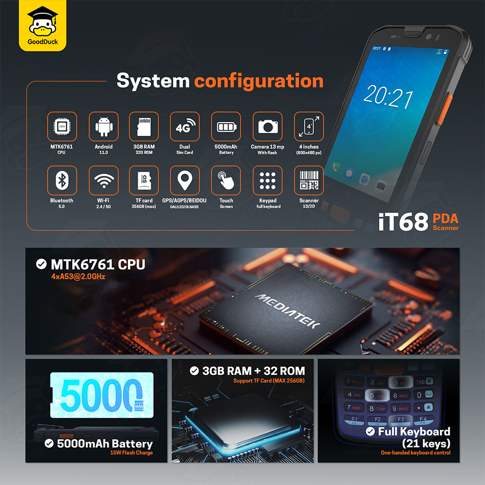 เครื่องนับสินค้าคงคลัง PDA IT68 Android 4G เครื่องสแกนบาร์โค้ด รองรับ1D/2D นับสต็อก สแกนเนอร์พกพา