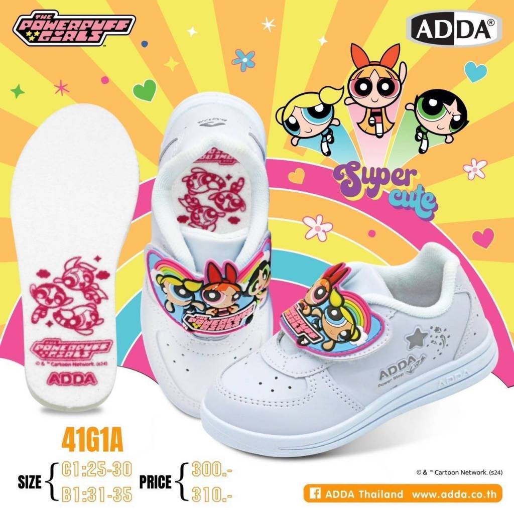 ADDA รุ่นใหม่ ปี 2025 ลายพาวเวอร์พัฟฟ์เกิร์ล รองเท้านักเรียนหญิง ดำ ผ้าใบ รุ่น41C21/41G1A