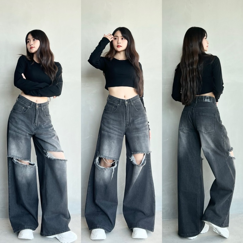 Wana.Outfits – Weasley Jeans  กางเกงยีนส์แต่งขาด ขากระบอกใหญ่(มาก)