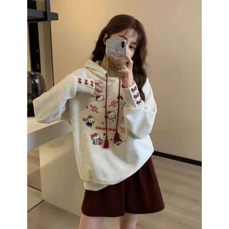 เสื้อฮู๊ดแขนยาวสีเทาลายการ์ตูนน่ารัก