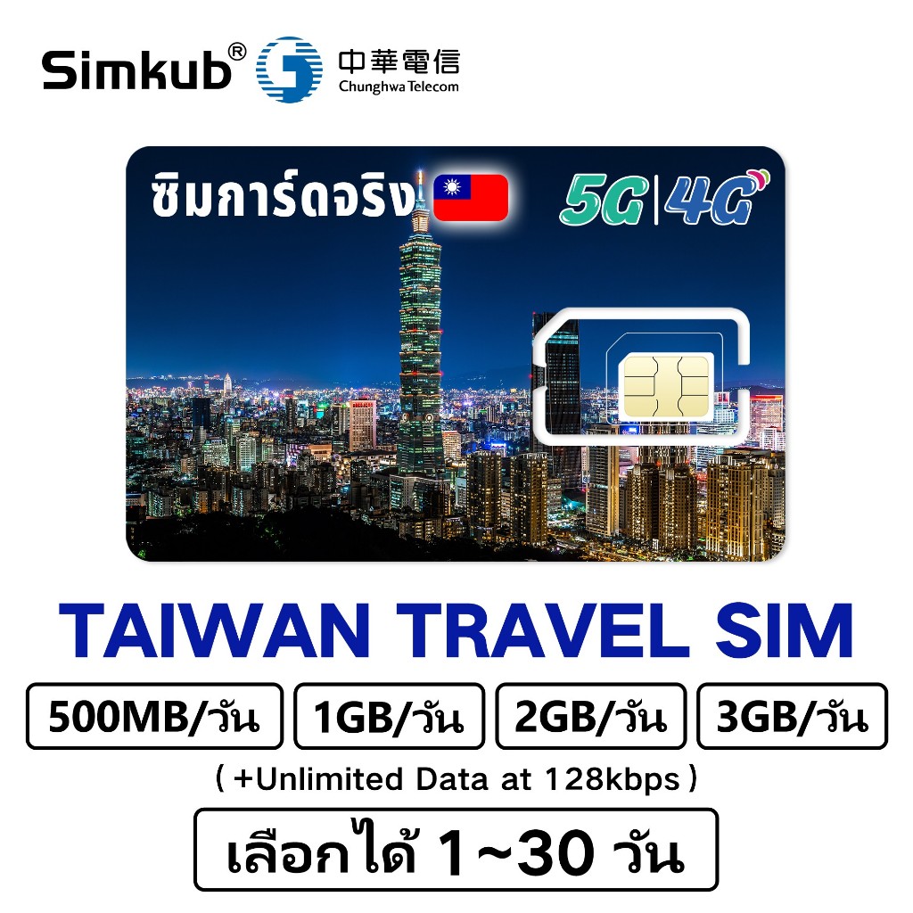 Taiwan SIM ซิมไต้หวัน ซิมท่องเที่ยวไต้หวัน 5G/4G อินเตอร์เนต 1GB-3GB/วัน เลือกได้ 1-30วัน เครือข่าย 