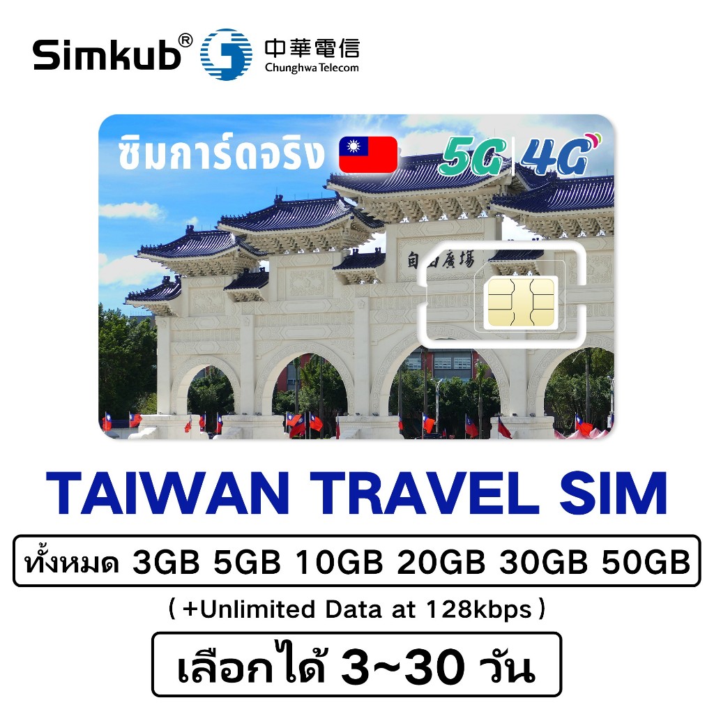 Taiwan SIM ซิมไต้หวัน ซิมท่องเที่ยวไต้หวัน5G/4Gอินเตอร์เนต ทั้งหมด 5GB-50GB เลือกได้ 3-30วัน ฟรีเข็ม