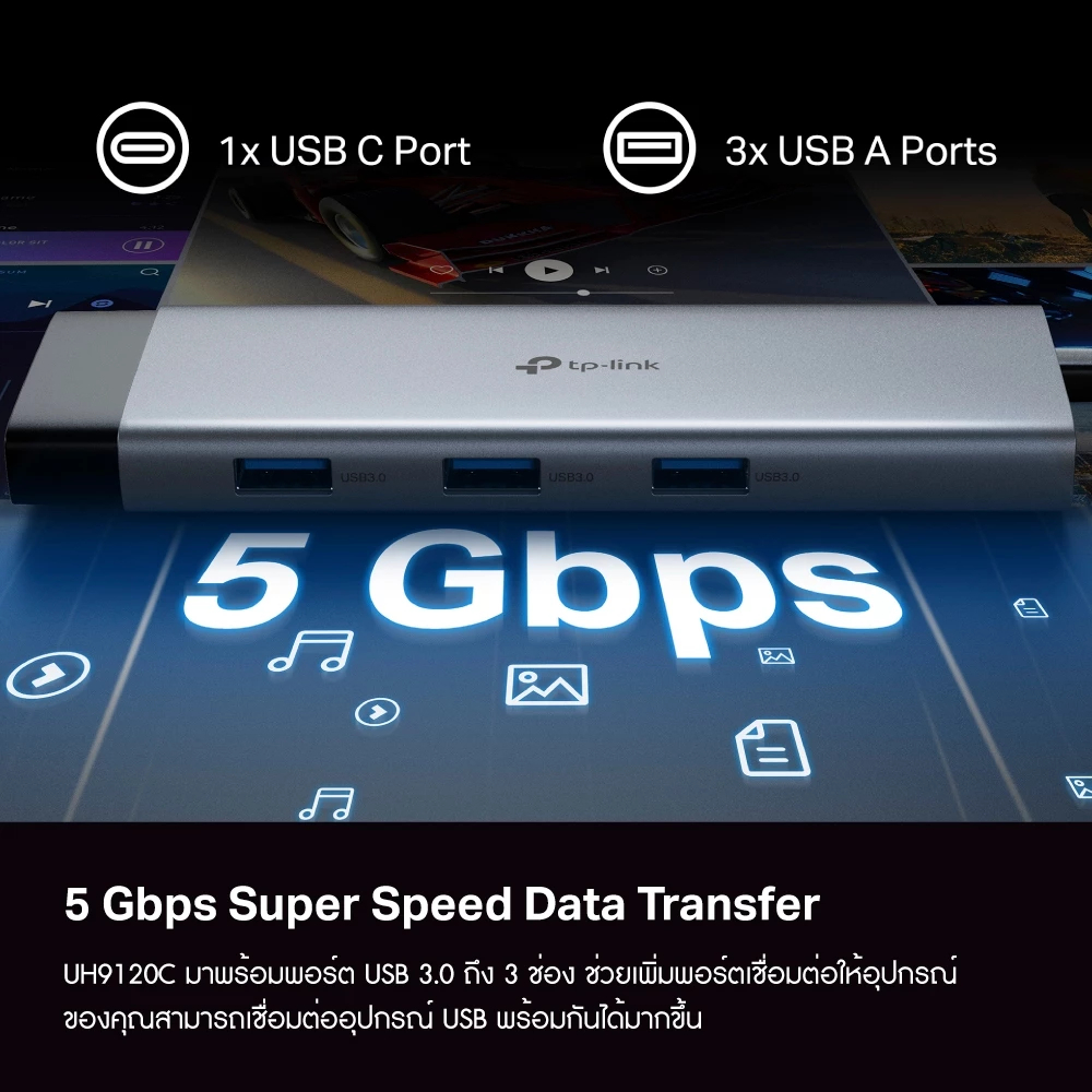 TP-Link UH9120C ฮับยูเอสบี USB Type-C 9 in 1 Hub พอร์ตเดียวรองรับการใช้งานได้ 9 พอร์ต ต่อจอเสริมผ่านพอร์ต HDMI ระดับ 4K