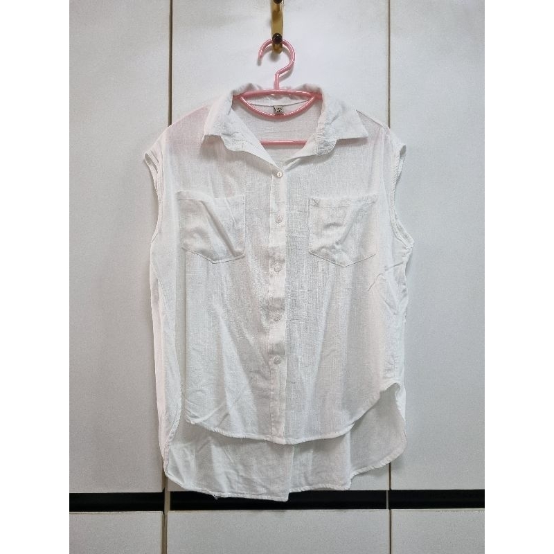 2nd Vtar เสื้อเชิ้ต คอปก ไม่มีแขน สีขาว