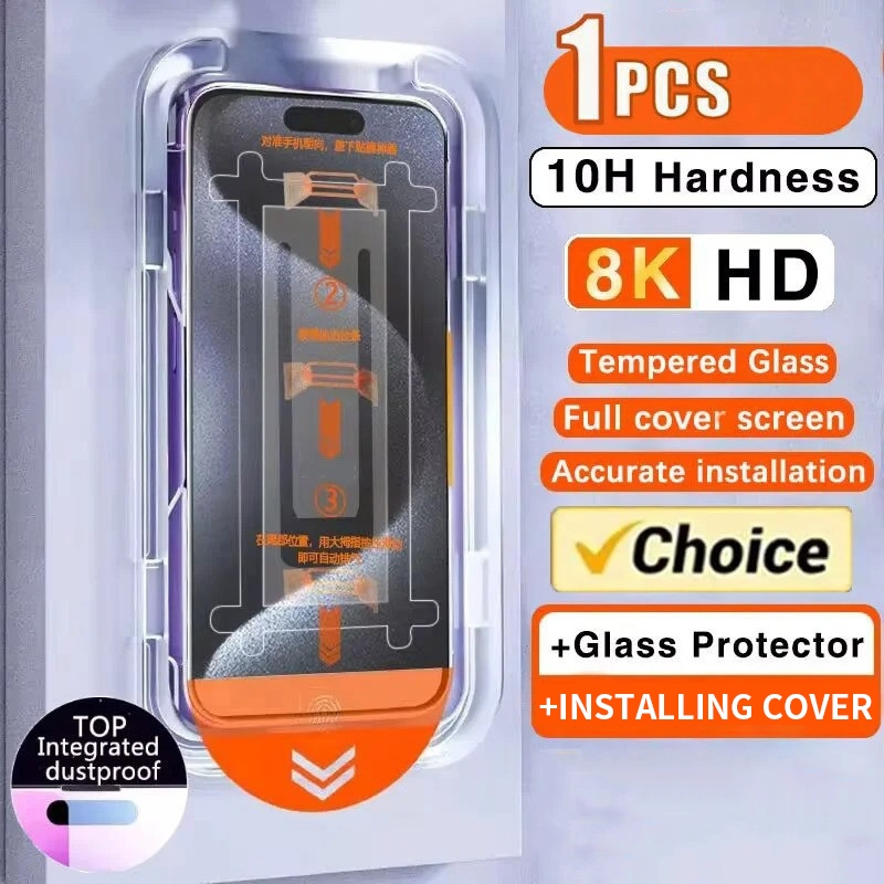 High End ฝุ่นติดตั้งฟรีป้องกันหน้าจอสําหรับ IPhone 11 12 13 14 15 16 Pro MAX 16plus XS MAX XR ฟิล์มนิรภัยพร้อมเครื่องมือ