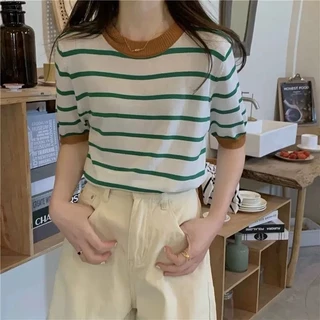 Bentoy（9513)เสื้อยืดไหมพรม แขนสั้น คอกลม สไตล์ เกาหลี ลุคคุณหนู สุดน่ารัก