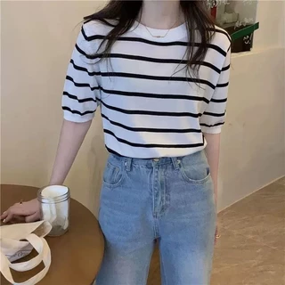 Bentoy（9513)เสื้อยืดไหมพรม แขนสั้น คอกลม สไตล์ เกาหลี ลุคคุณหนู สุดน่ารัก